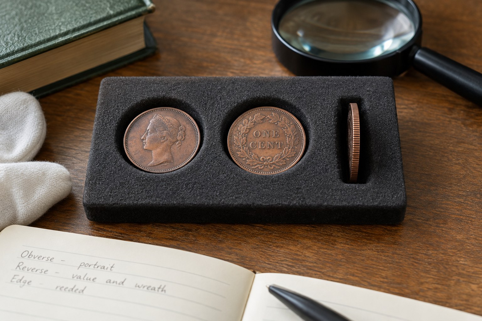 Three copper coins face up, reverse up and on edge in foam support, all aspects visible