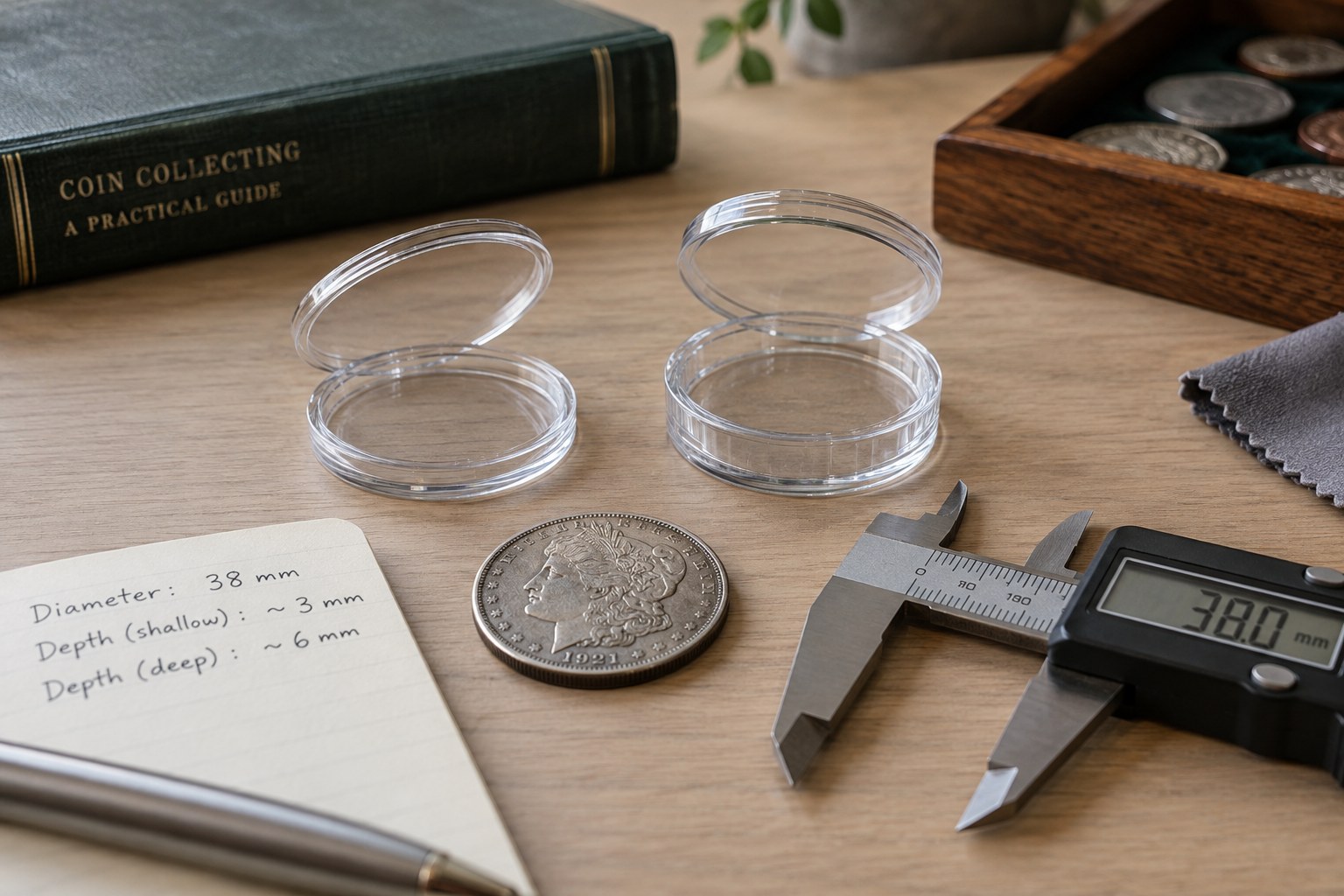 Two open clear coin capsules of different depths beside coin and digital caliper