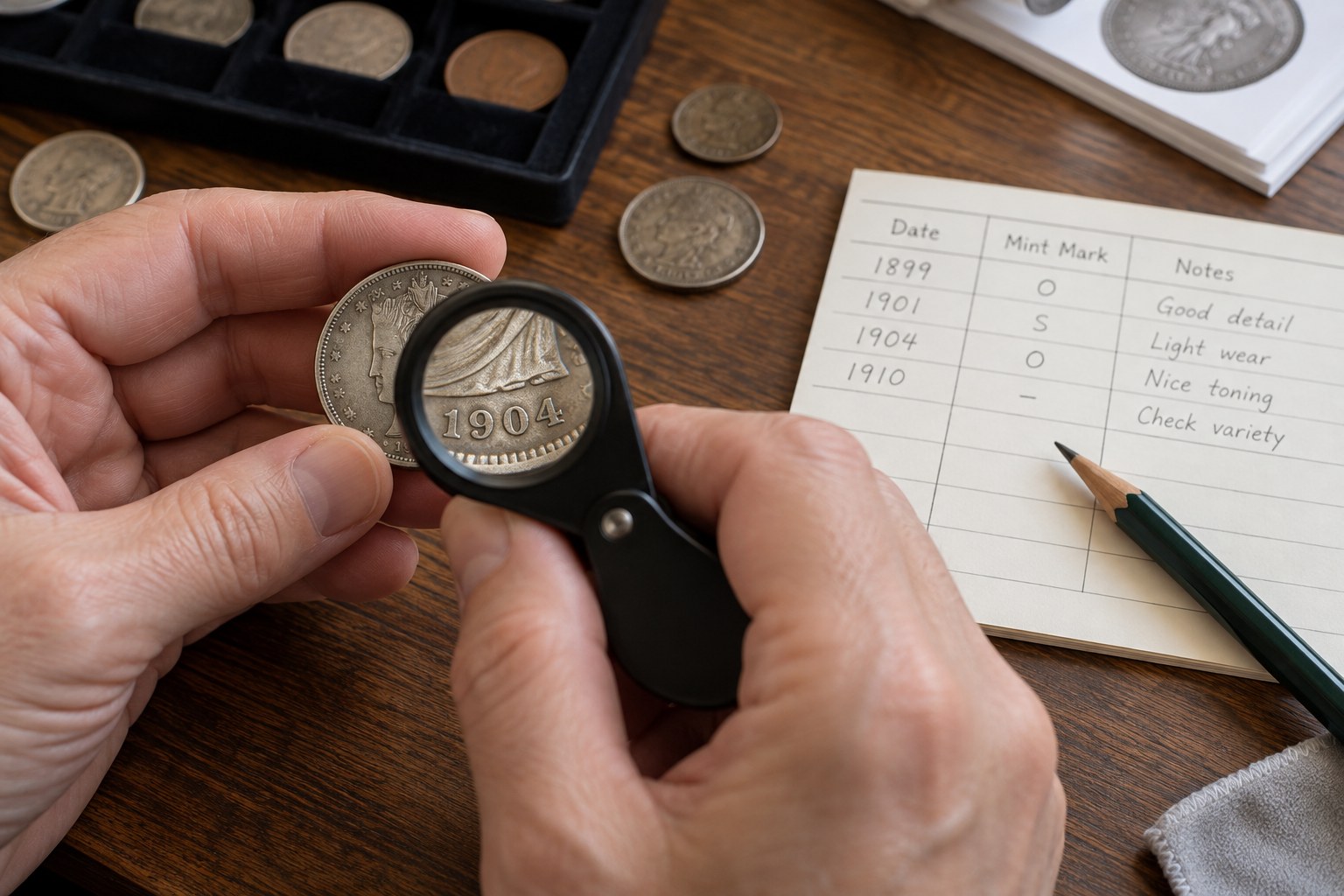 Coin date under loupe beside separate date recording card and pencil