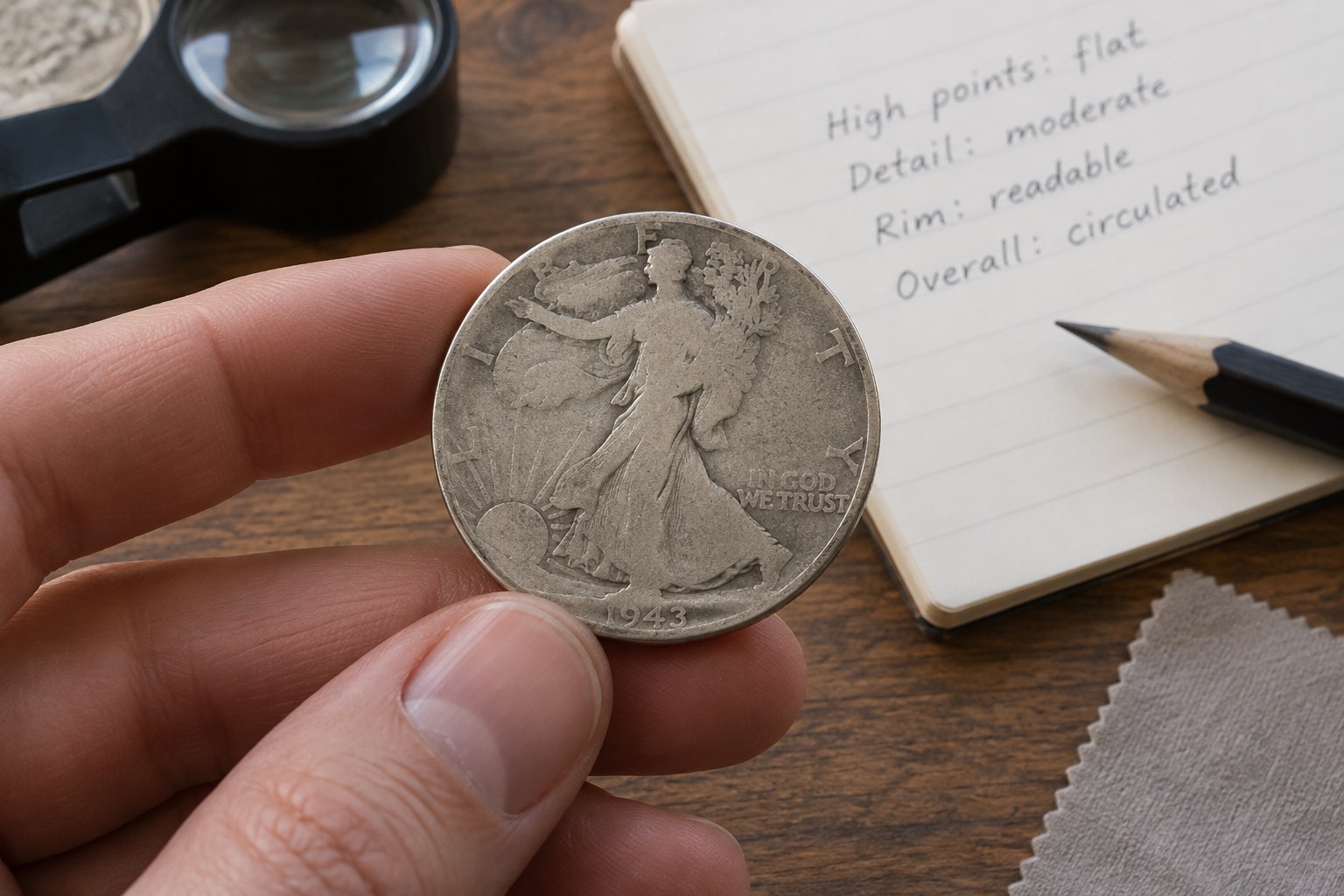 Macro circulated silver coin with flattened high points and readable rim