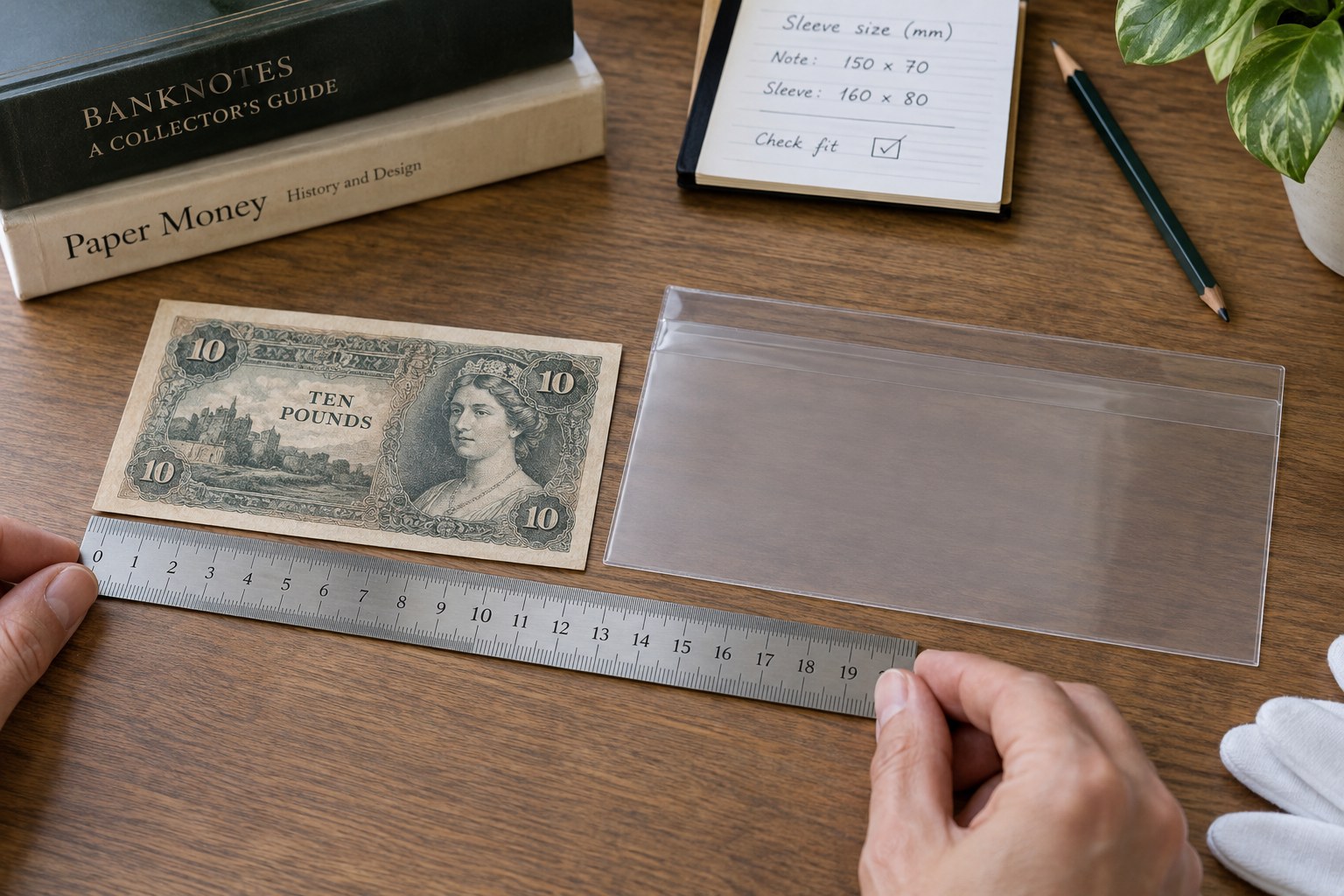 Old banknote beside larger clear sleeve and ruler checking dimensions