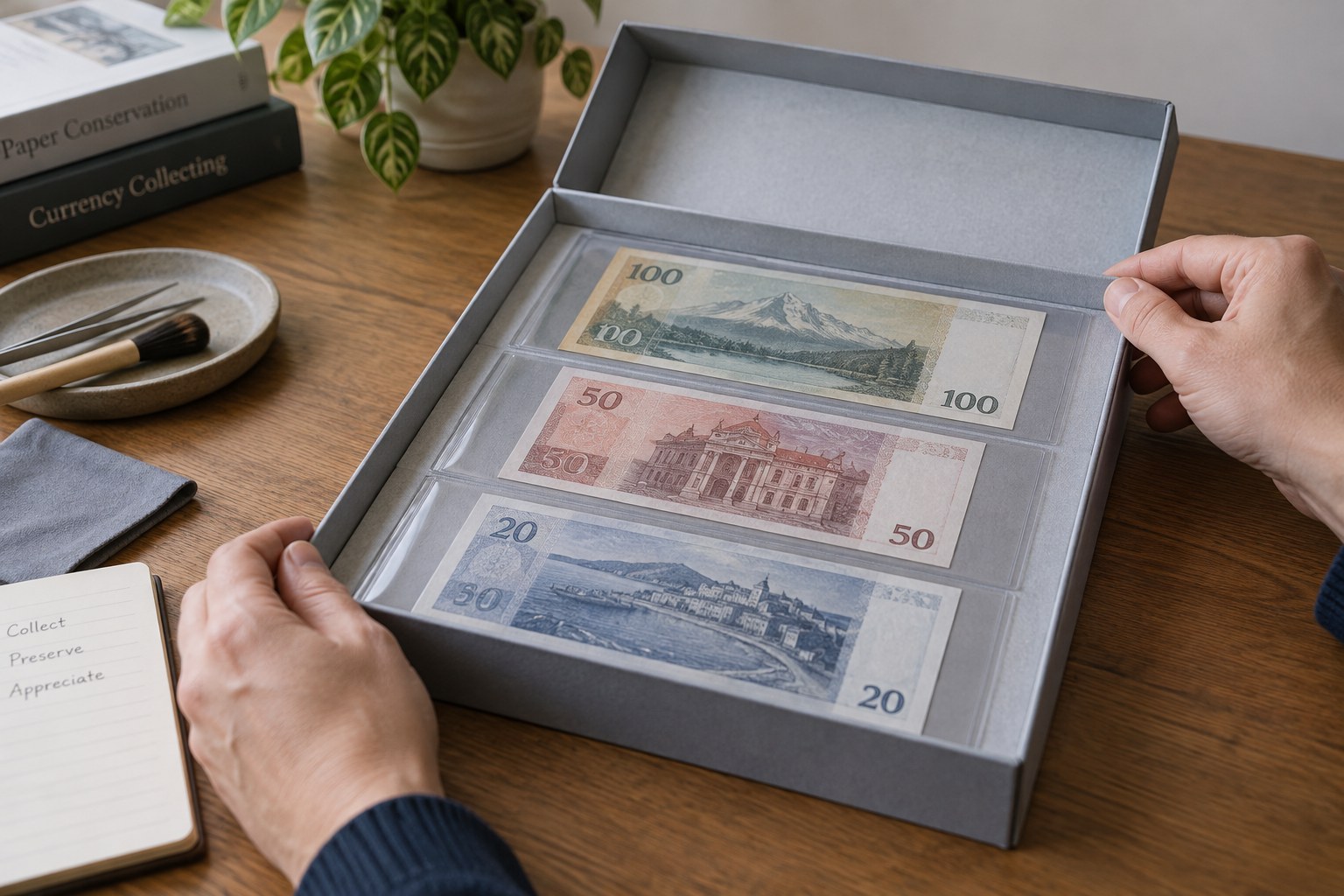 Three flat banknotes in individual sleeves inside shallow archival box