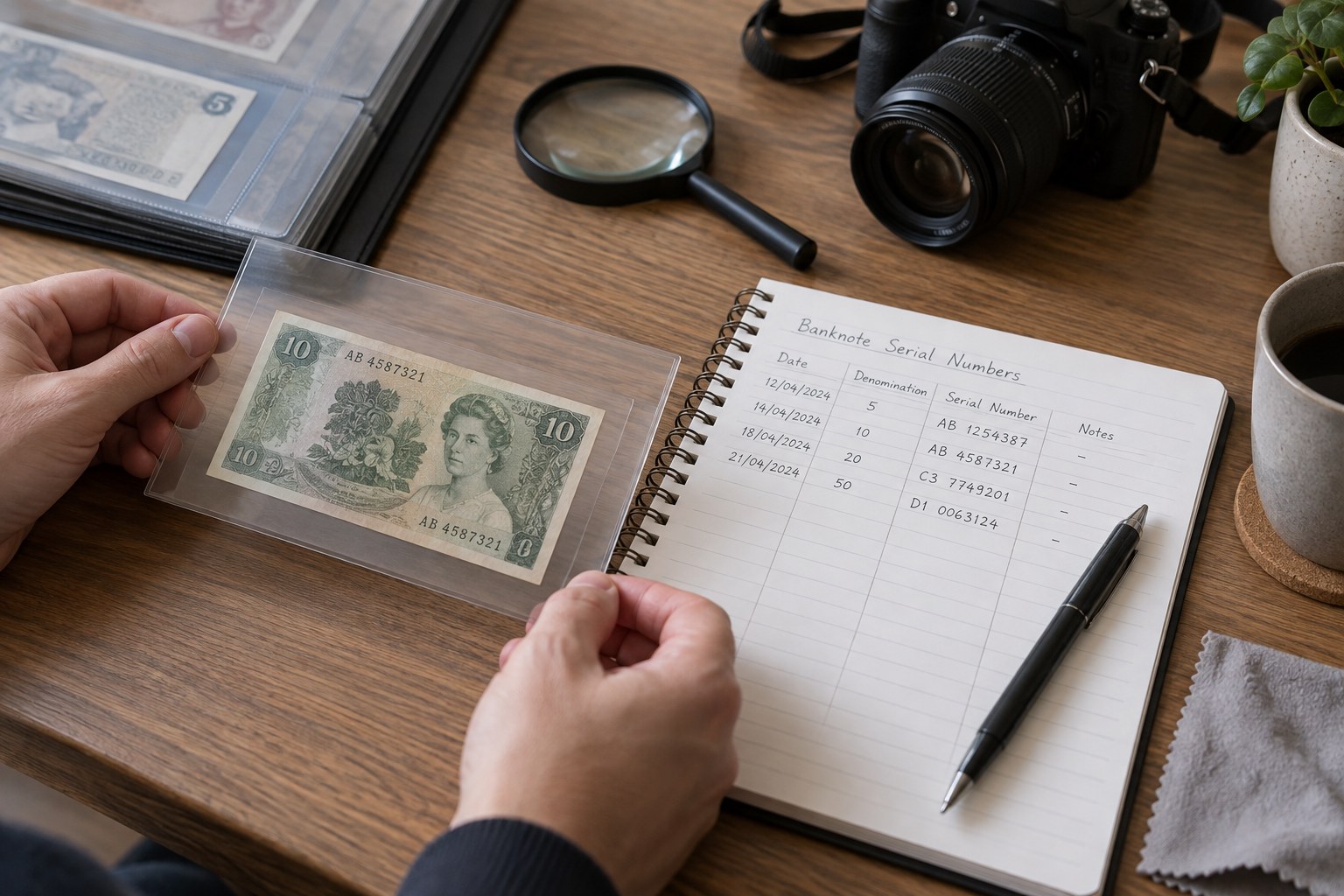 Banknote in sleeve next to serial-number record notebook and camera