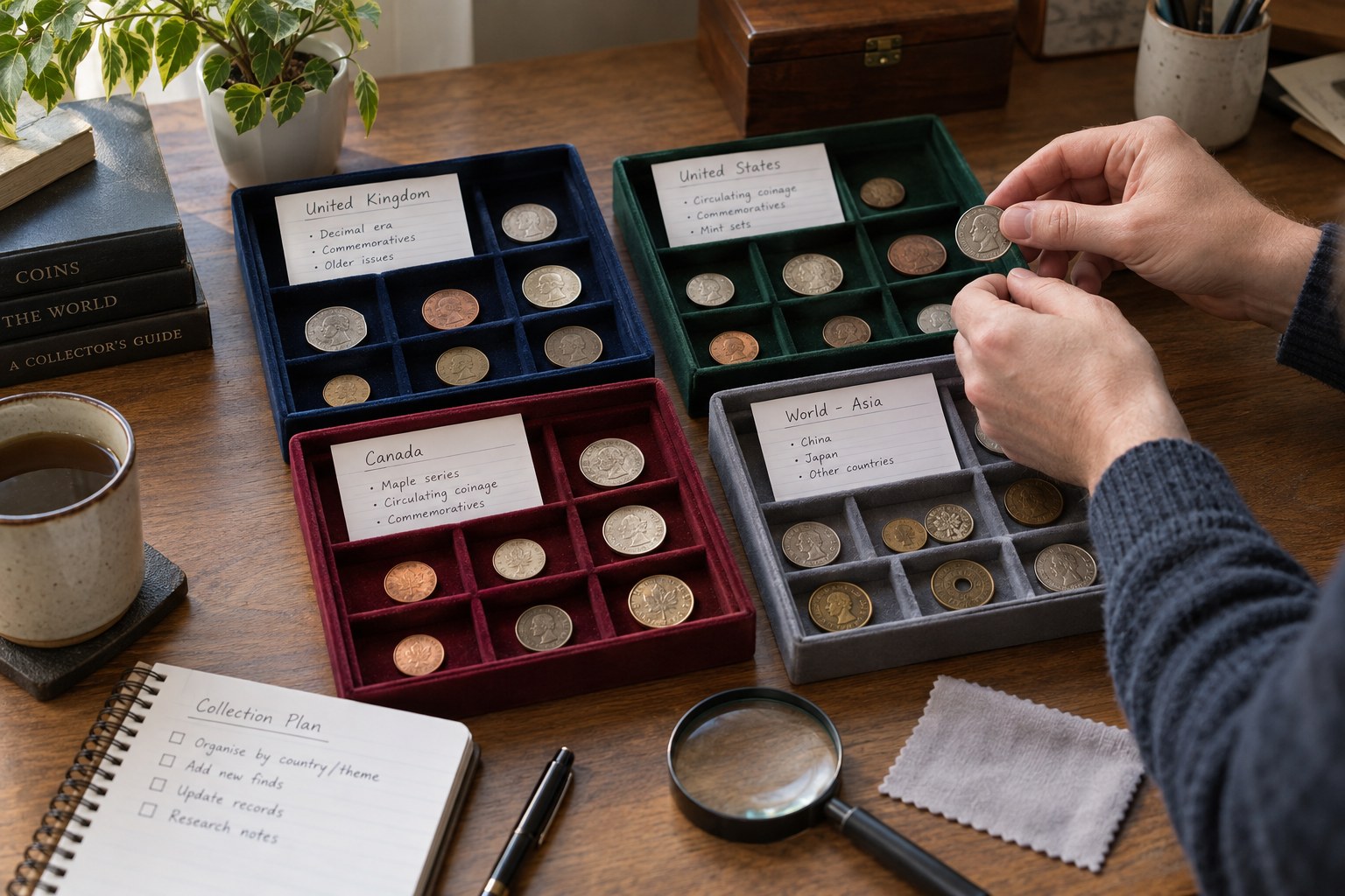 Four separate coin groups in different archival trays with country record cards