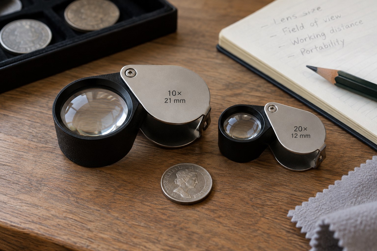 Two folding jeweller loupes beside small coin, focus on lens sizes