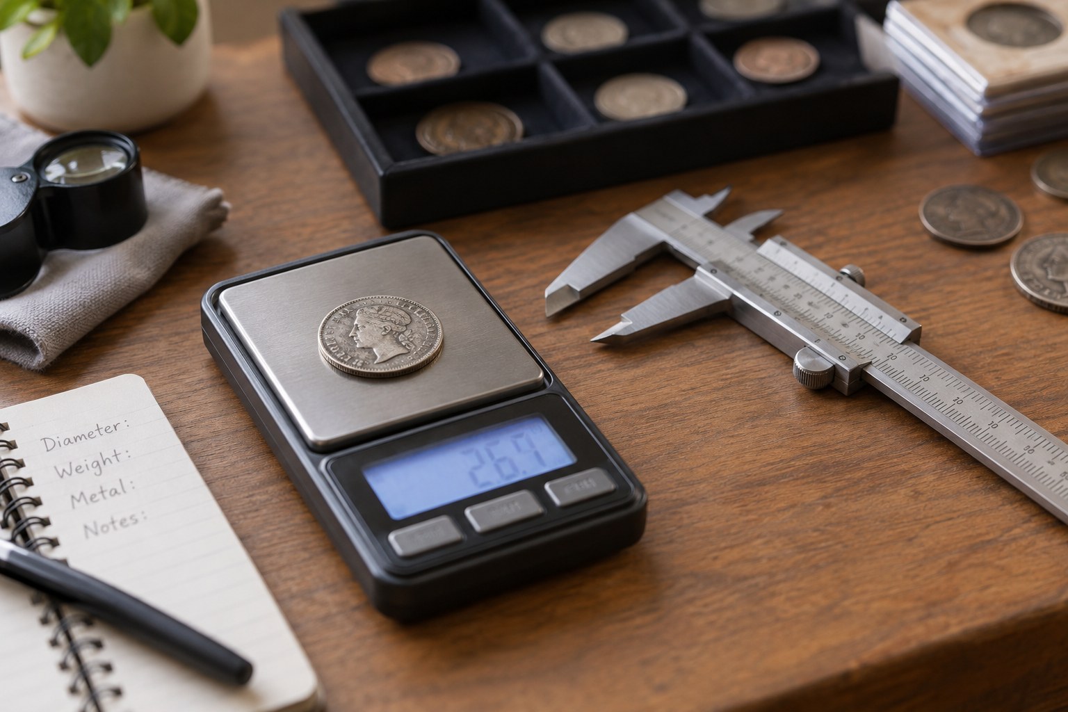 Coin on pocket weighing scale beside caliper, readout softly defocused