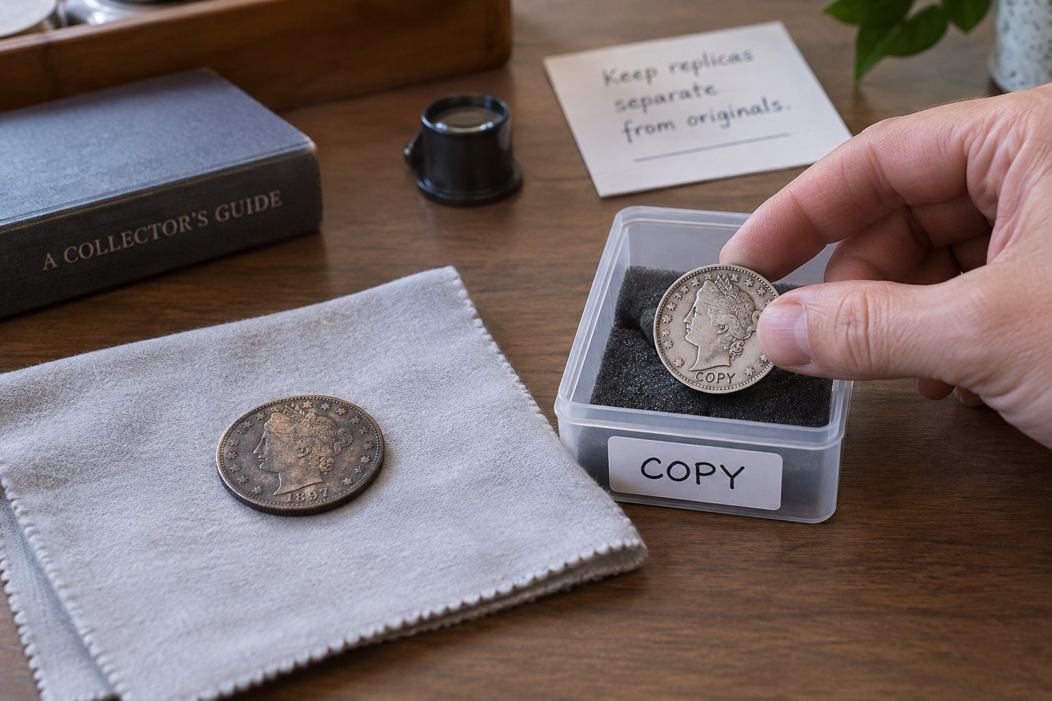 Reproduction coin in container labelled COPY apart from older coin
