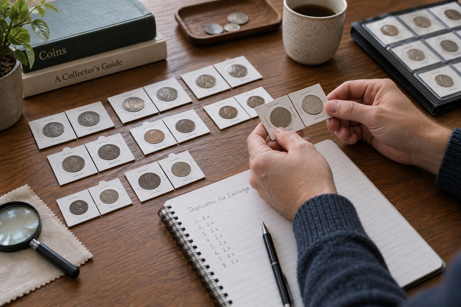 Pairs of duplicate circulated coins in individual flips beside exchange notebook