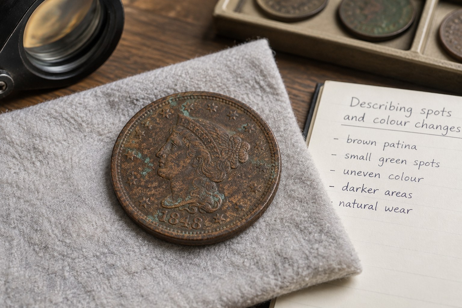 Macro copper coin with brown patina and small green spots, no treatment tools