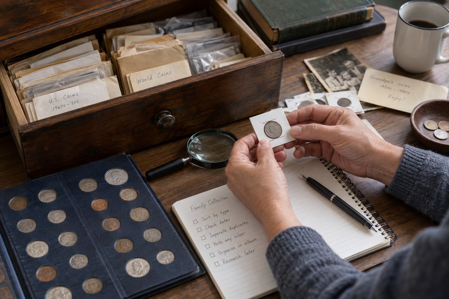 Old drawer holding coin envelopes, album and family notes laid out for inventory