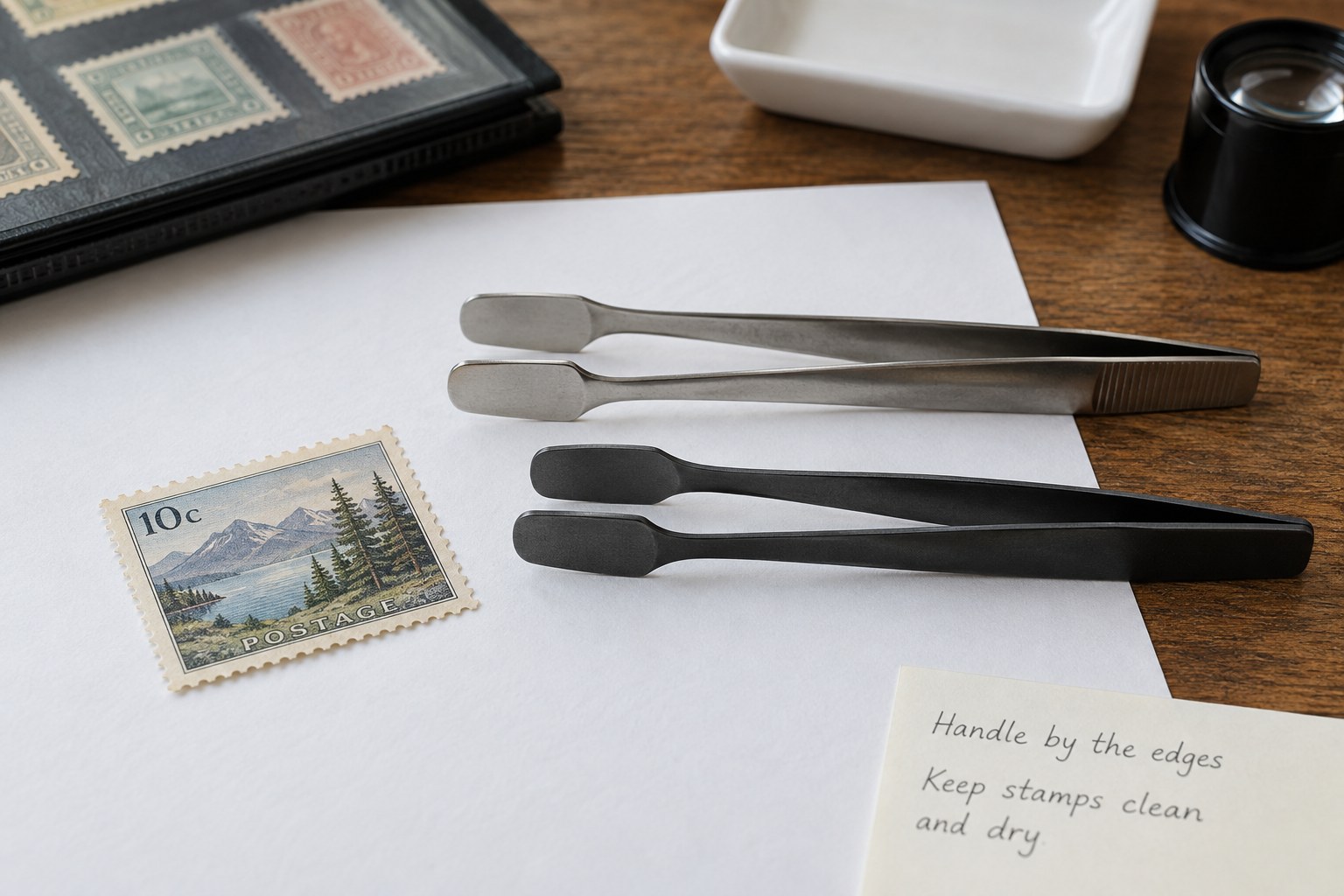 Two smooth broad-tipped stamp tongs beside stamp on white paper