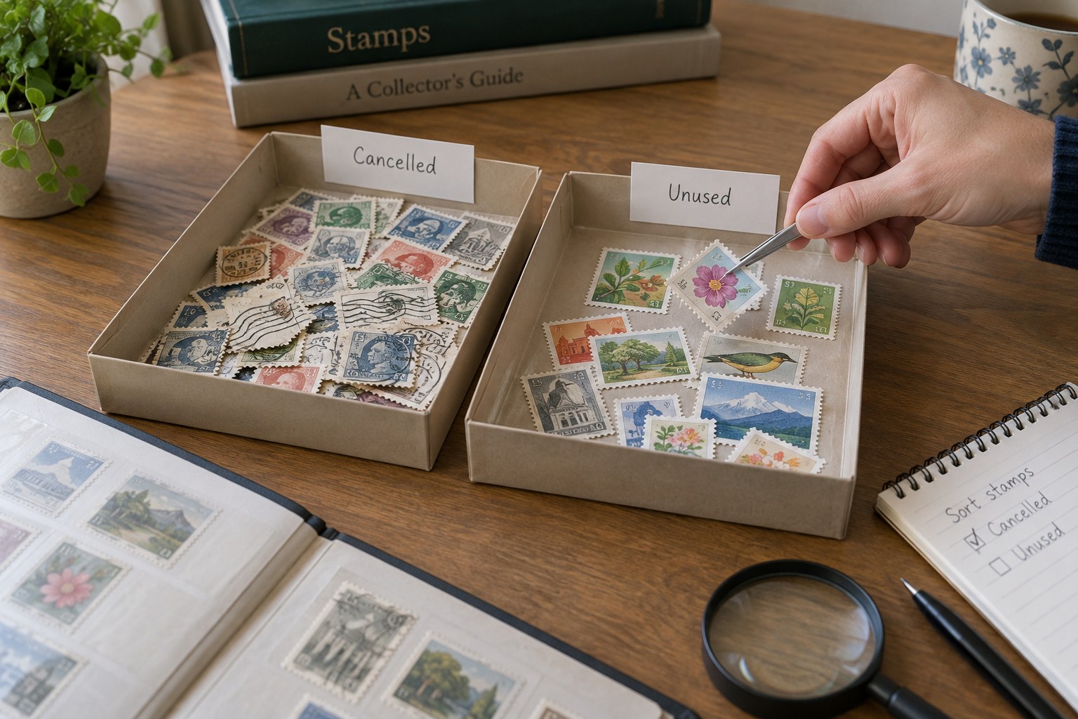 Cancelled and unused stamps separated into two paper trays