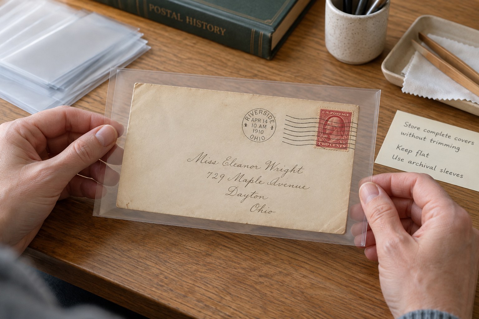 Whole old postal envelope in transparent sleeve, all edges intact