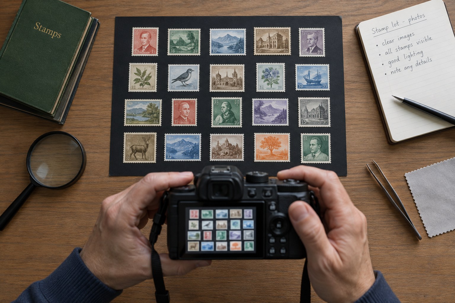 Stamp lot in non-overlapping rows with camera above, all stamps visible