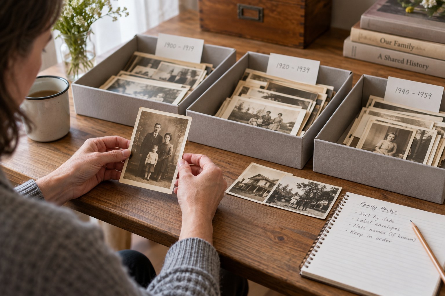 Sepia family photographs divided into trays with separate date notes