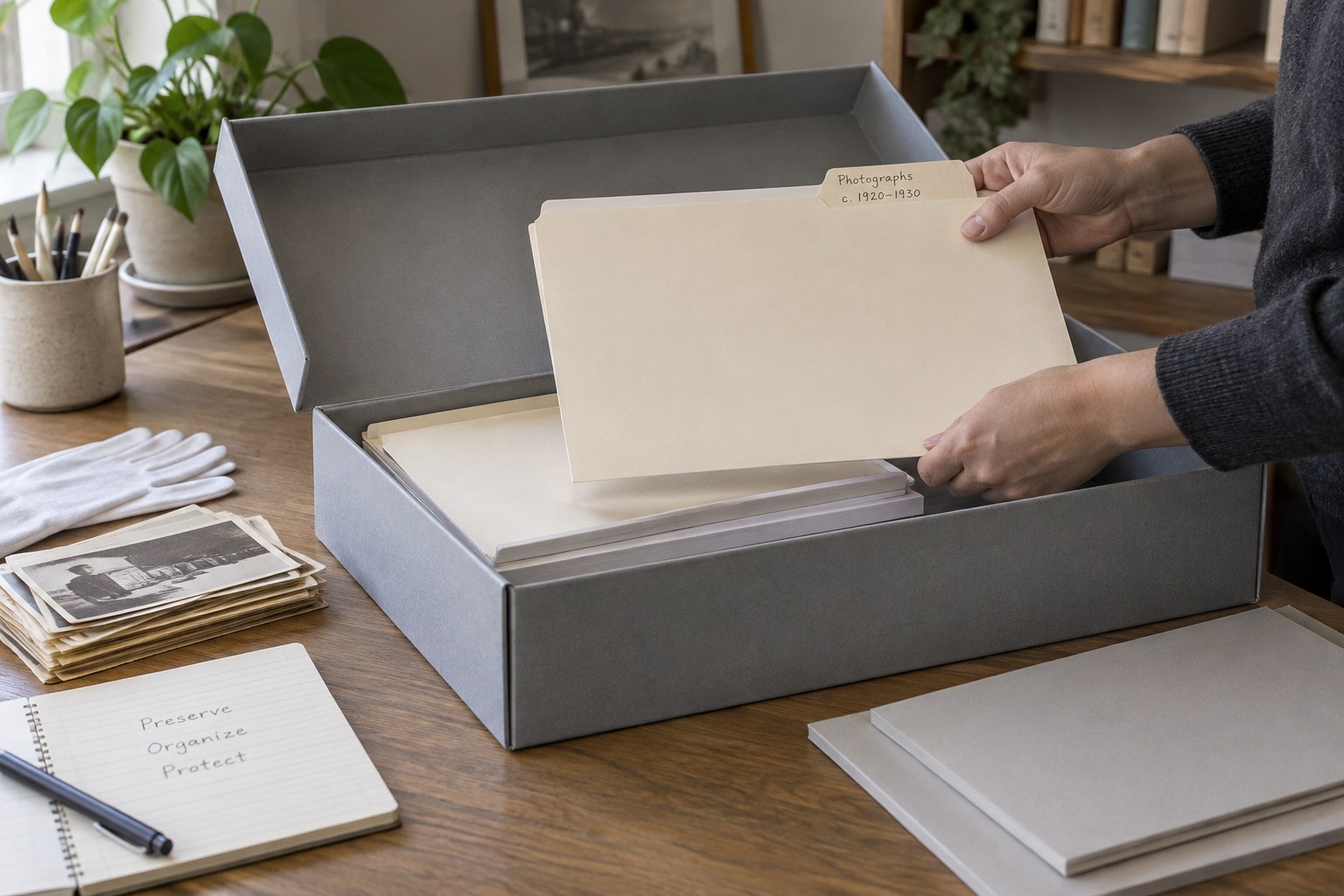 Grey archival clamshell box containing paper folders and support board