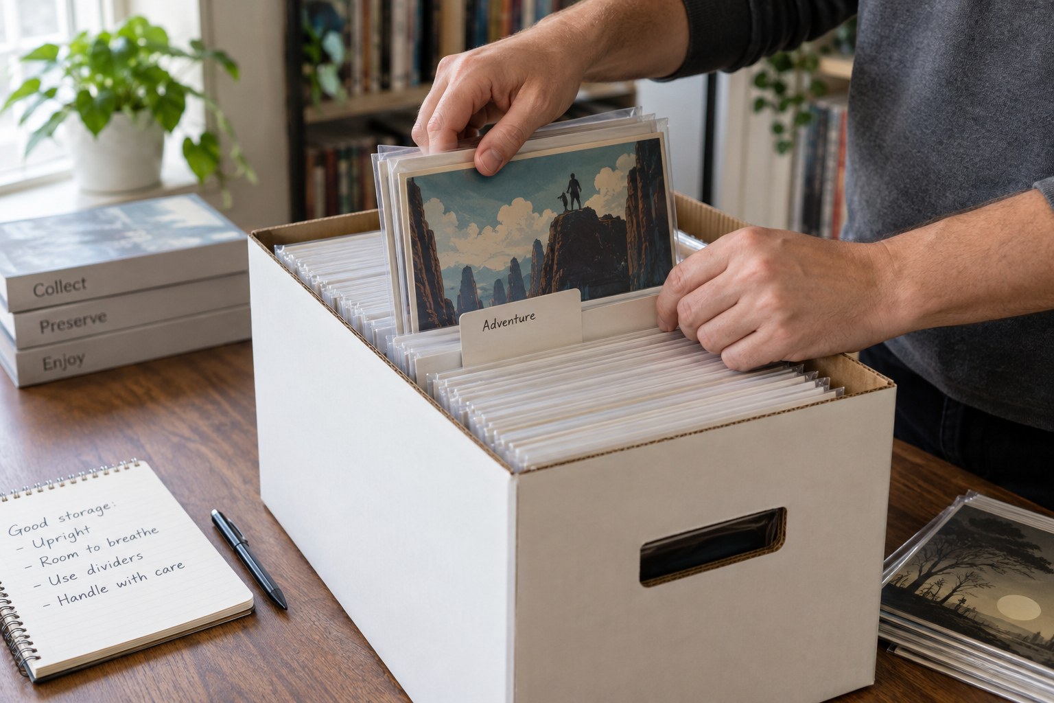 Upright sleeved comics with movable divider and comfortable space in short box