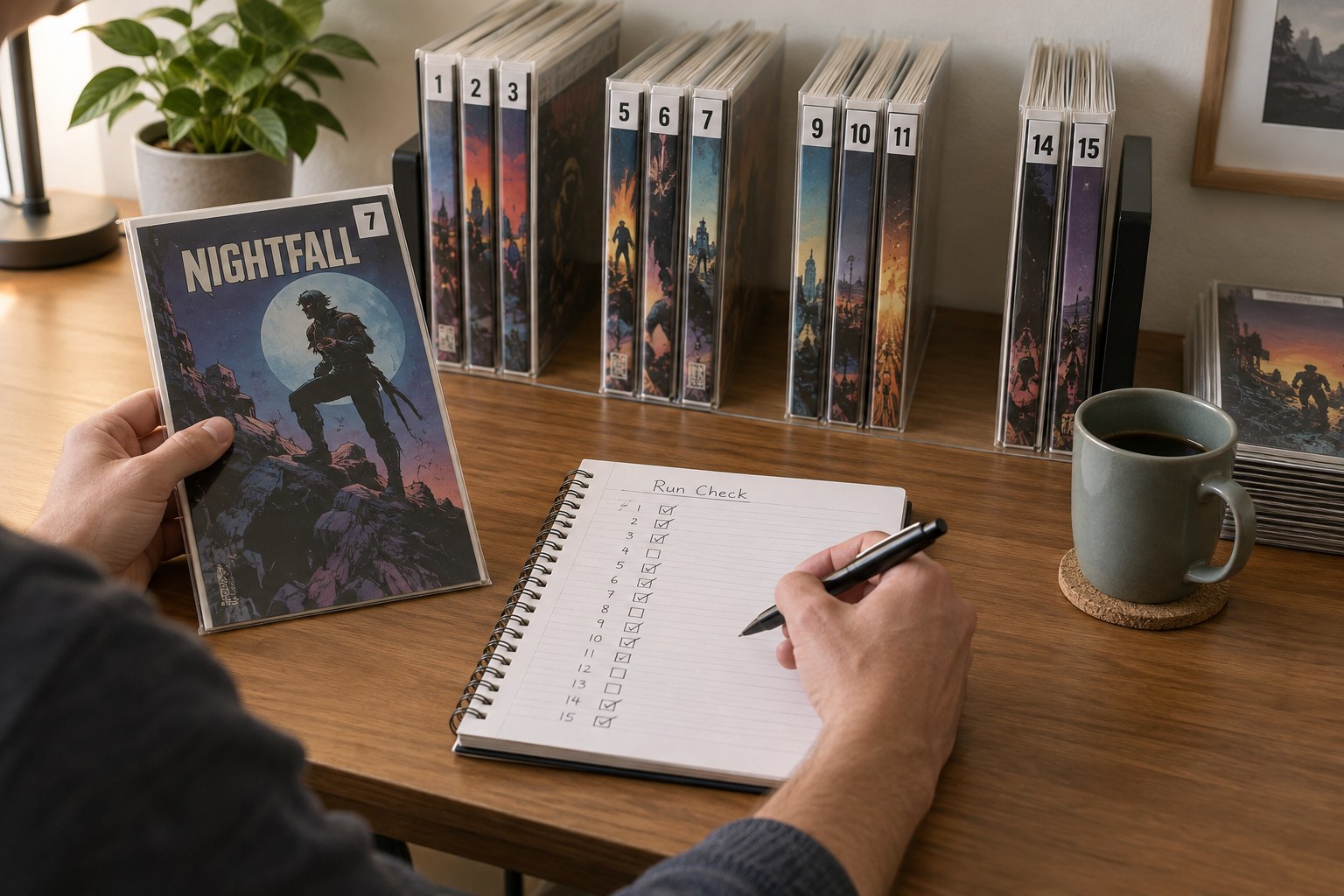 Incomplete row of numbered generic comics with gaps beside checklist