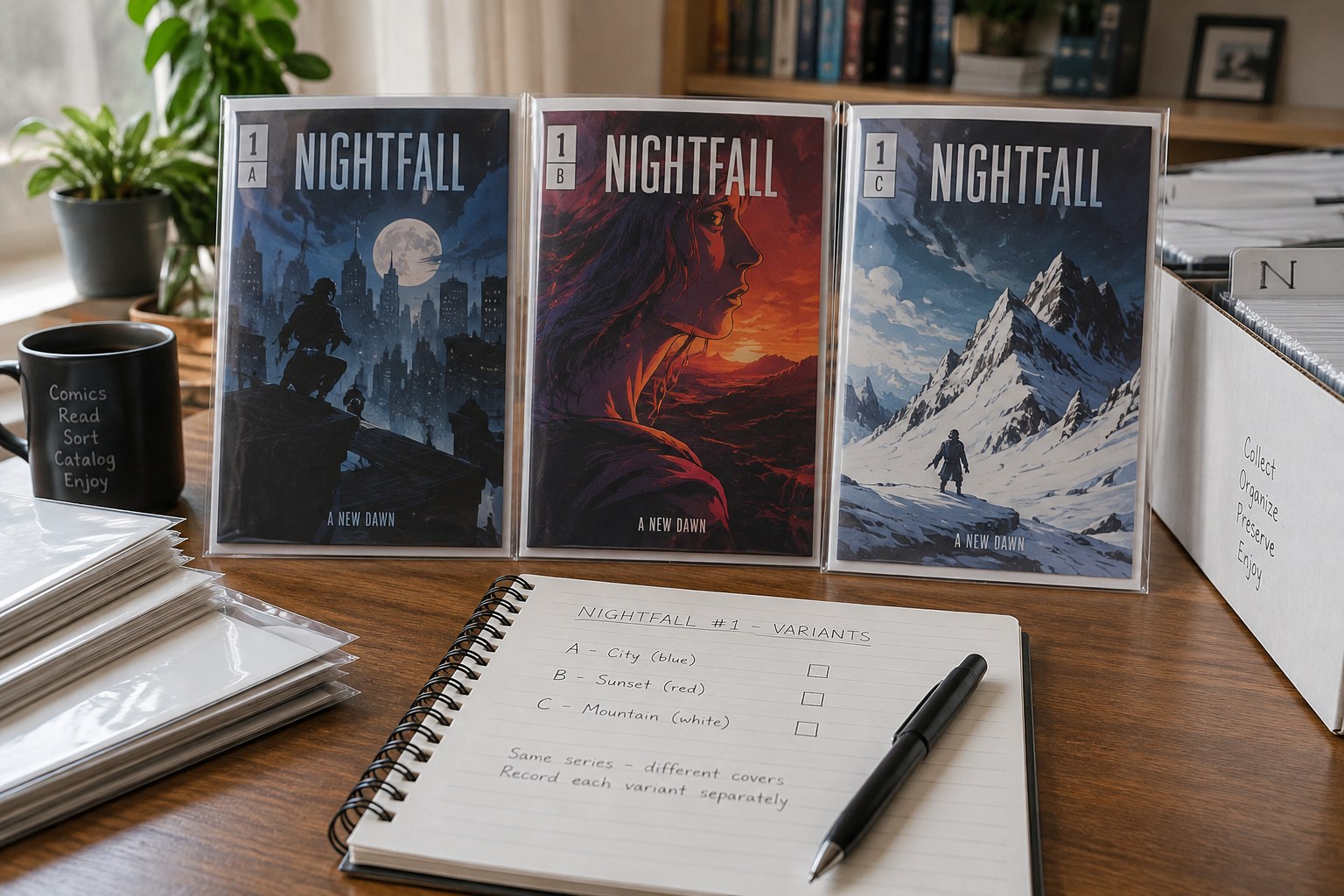 Three generic comics with same series name but distinct variant cover art and record cards