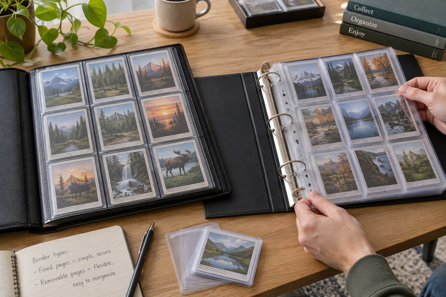 Open fixed-page card binder beside open ring binder with removable pocket sheets