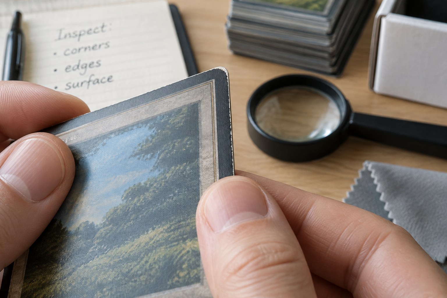 Macro generic trading-card corner showing slight edge whitening
