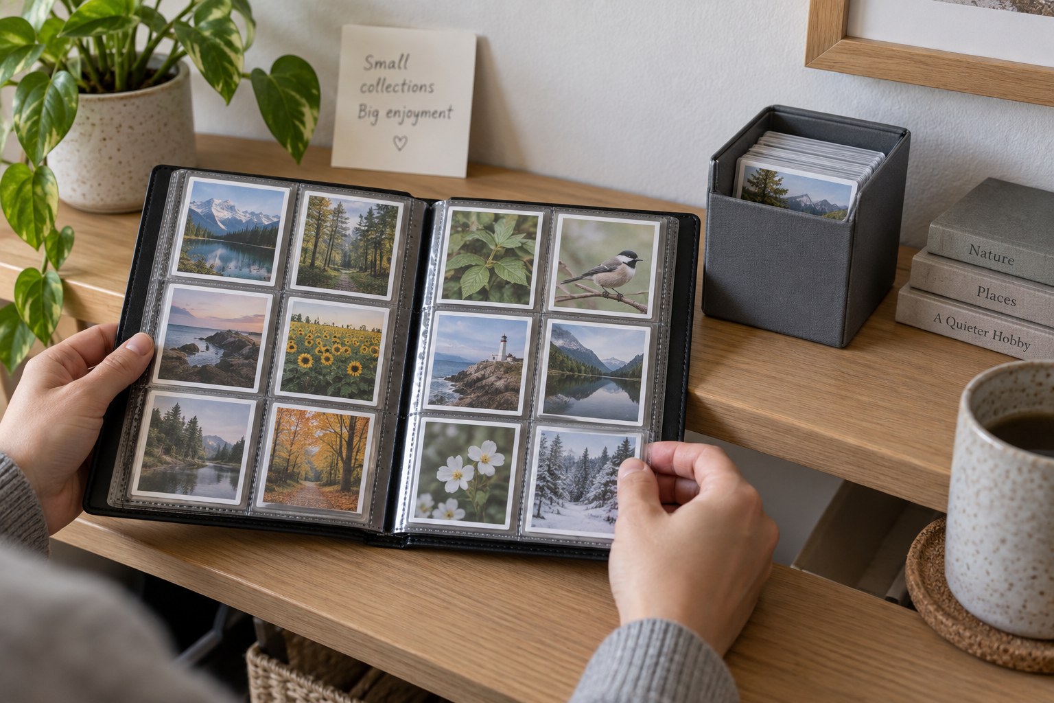 Small twelve-card collection in slim binder with compact box on small shelf