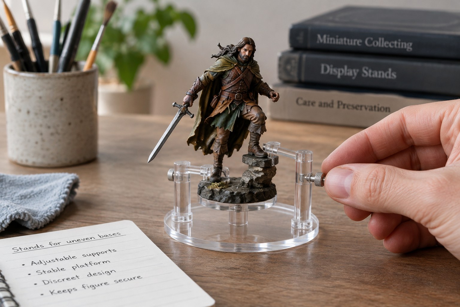 Miniature figure with uneven feet supported by adjustable stable display stand