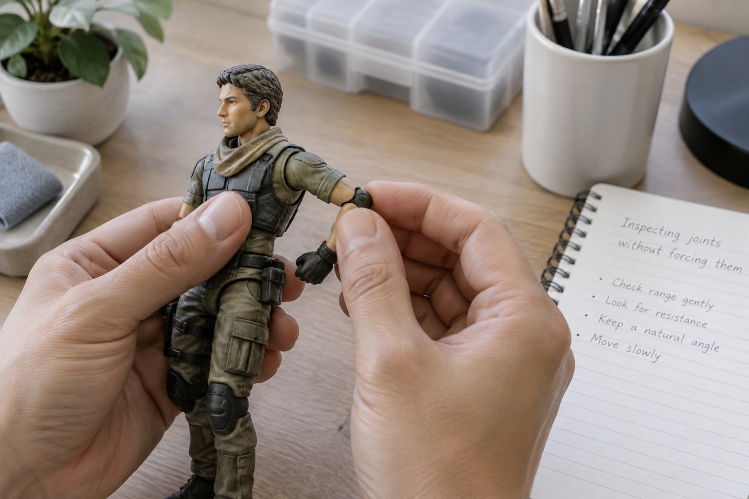 Toy figure elbow joint held gently at natural angle without forcing