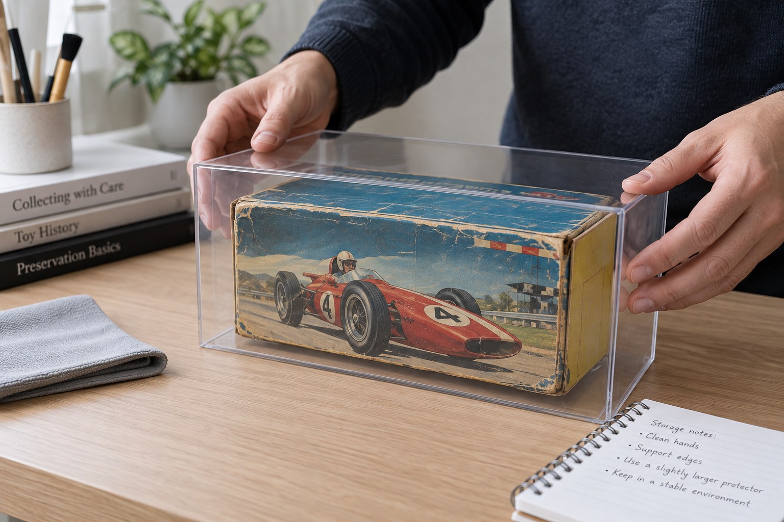 Worn toy carton in slightly larger clear protective outer box