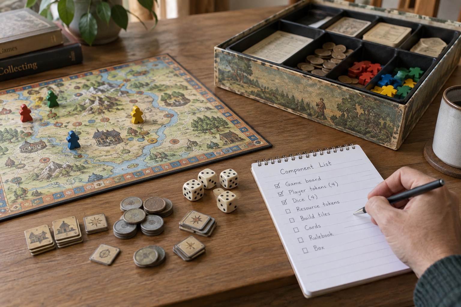 Old board game with board dice counters beside component checklist