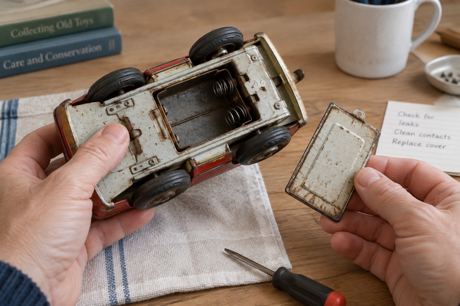 Old battery toy turned over with open empty battery compartment and separate cover