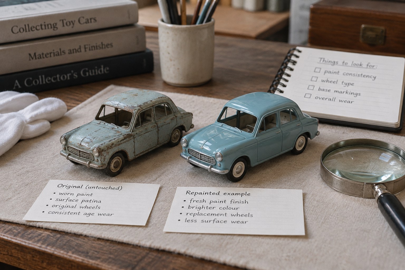 Aged toy car beside repainted equivalent and documentation cards