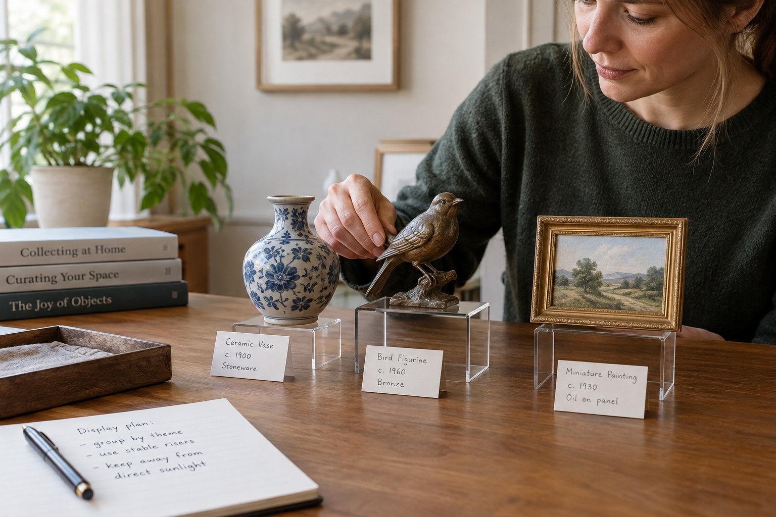 Temporary tabletop display of three collectibles on stable risers with ID cards