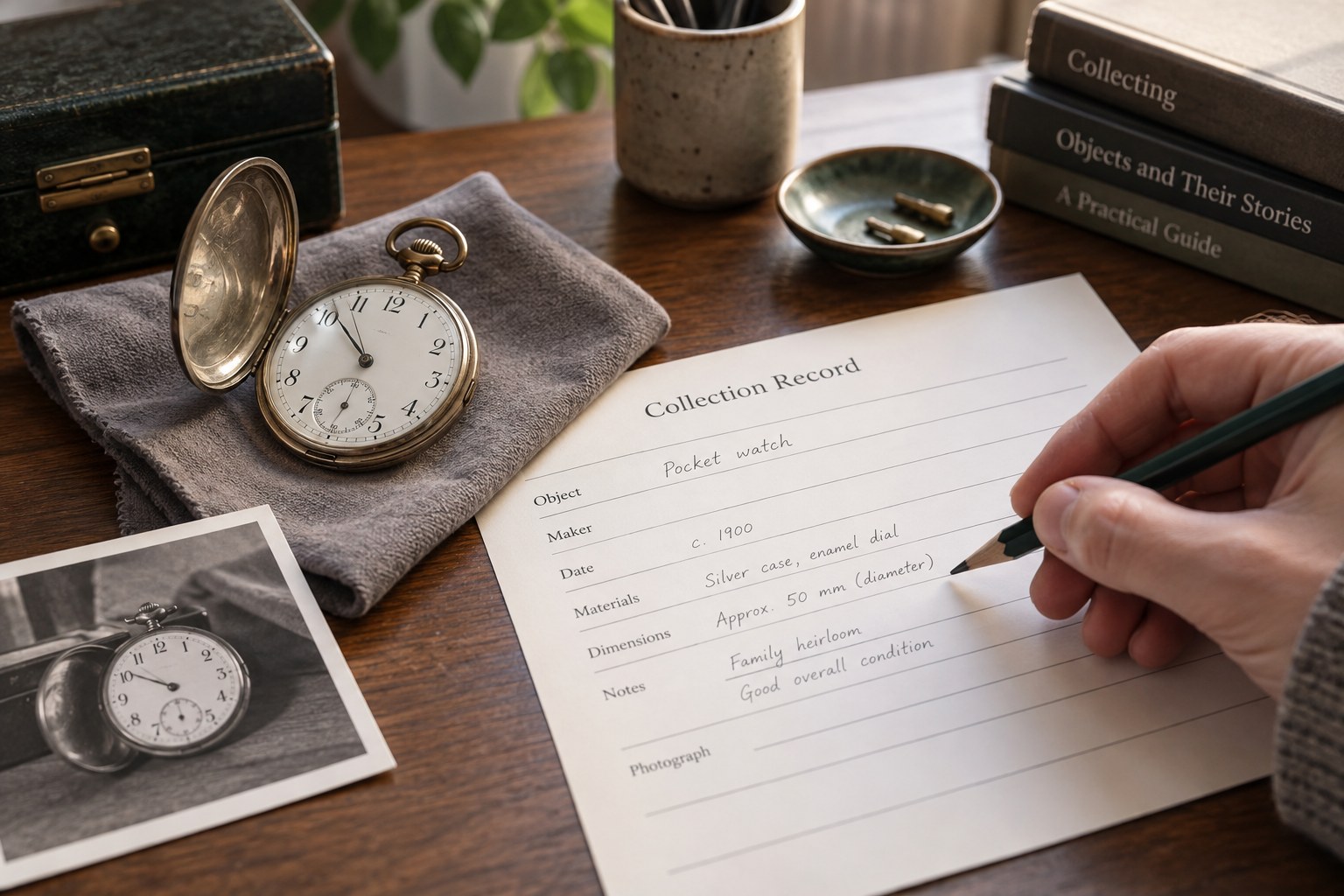 Vintage pocket watch beside collection record form, pencil and photograph