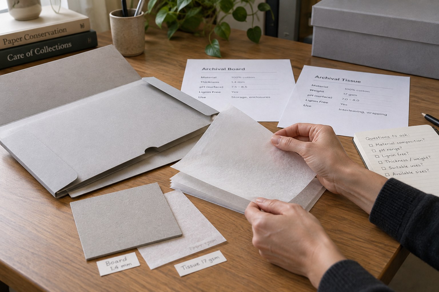 Archival board sleeve and tissue samples beside supplier specification sheets