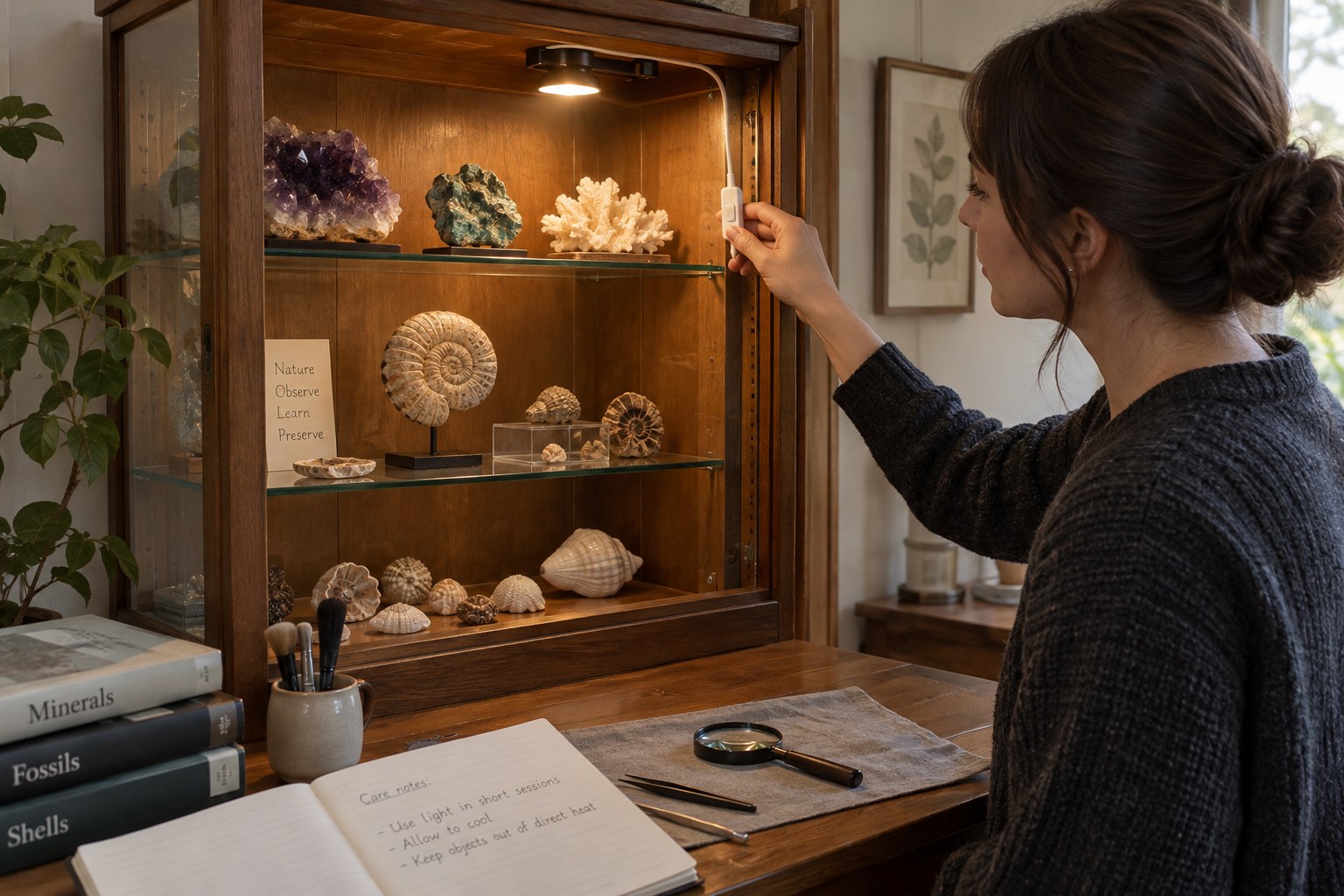Cabinet collection lit by a lamp with its switch visible