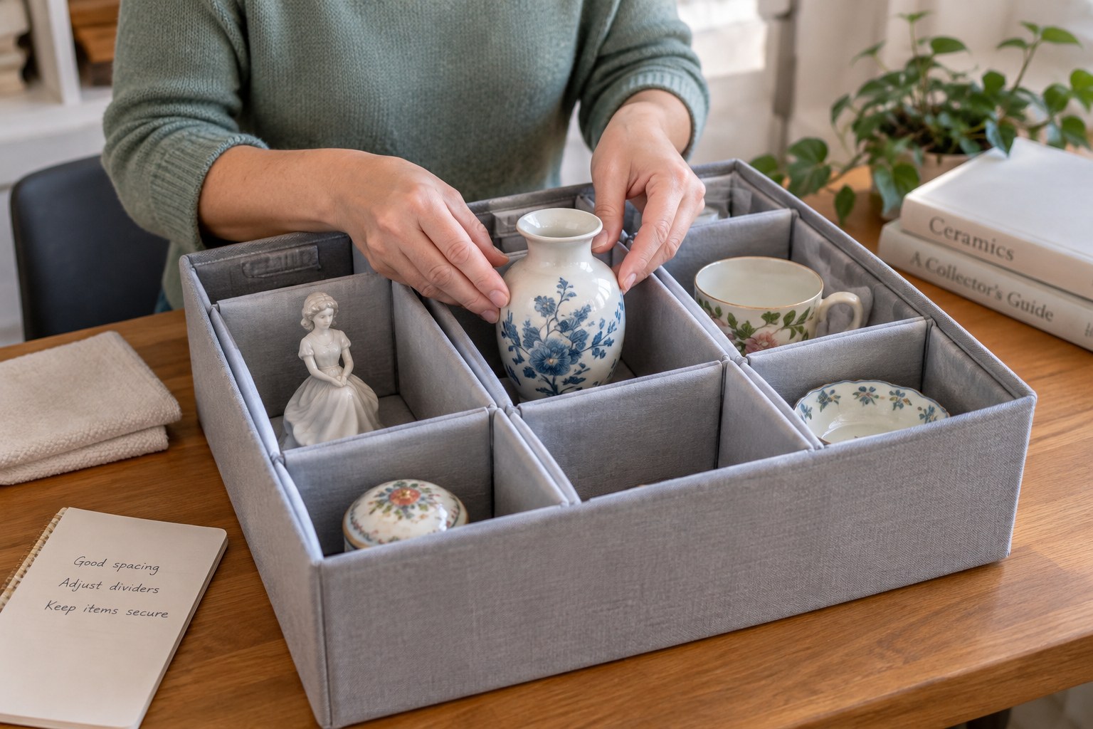 Ceramic collectibles separated by adjustable padded dividers with clearance