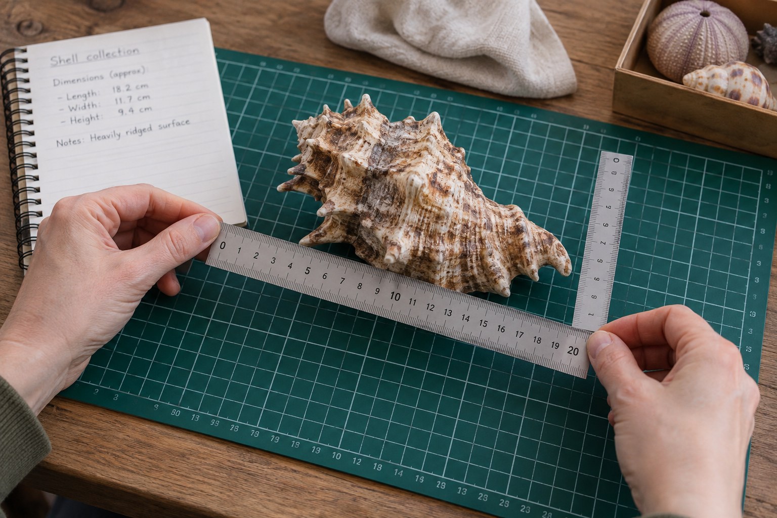 Irregular curved object on grid mat with rulers at widest points