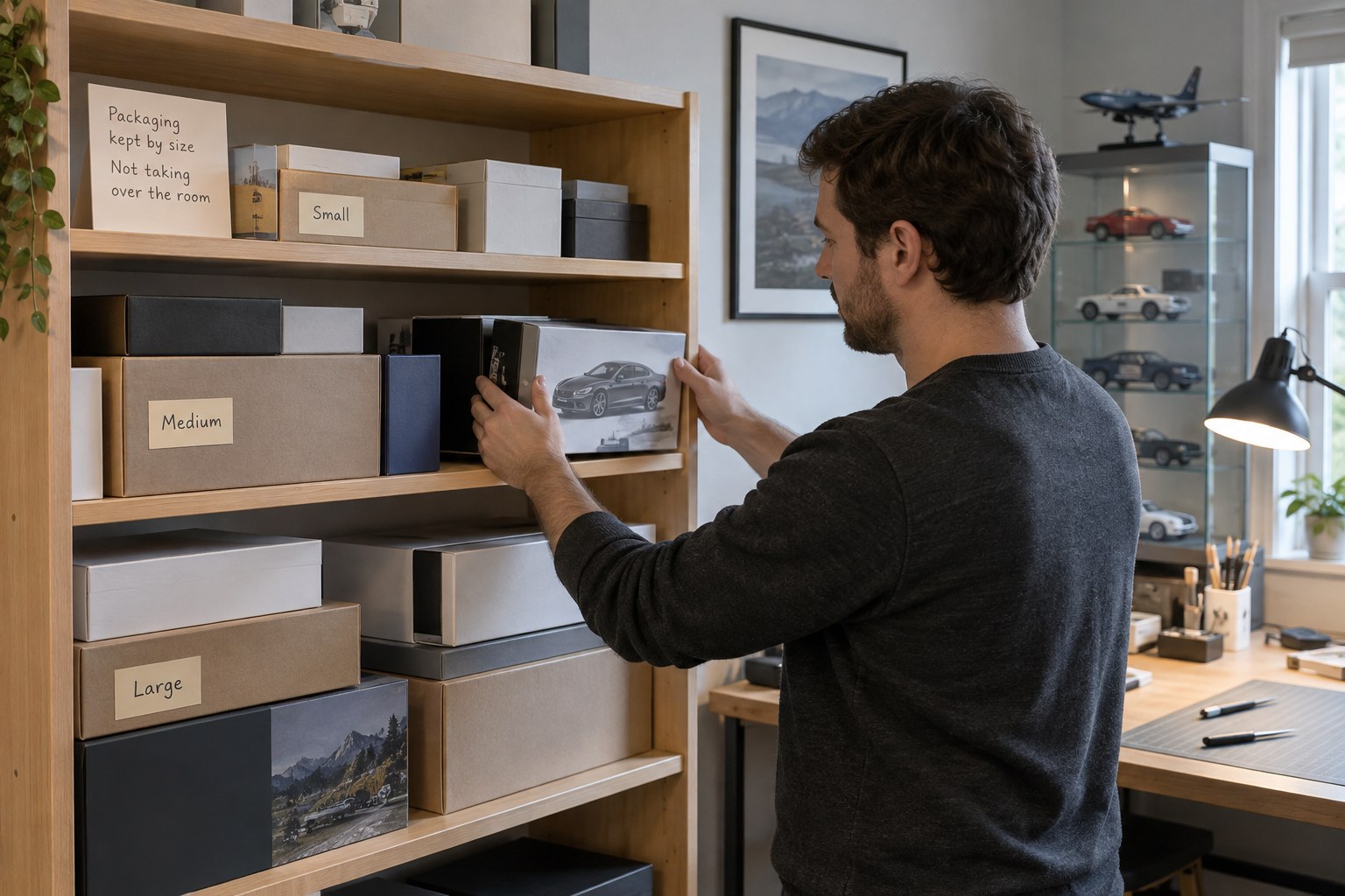 Original model packaging arranged on a dedicated shelf apart from displayed models