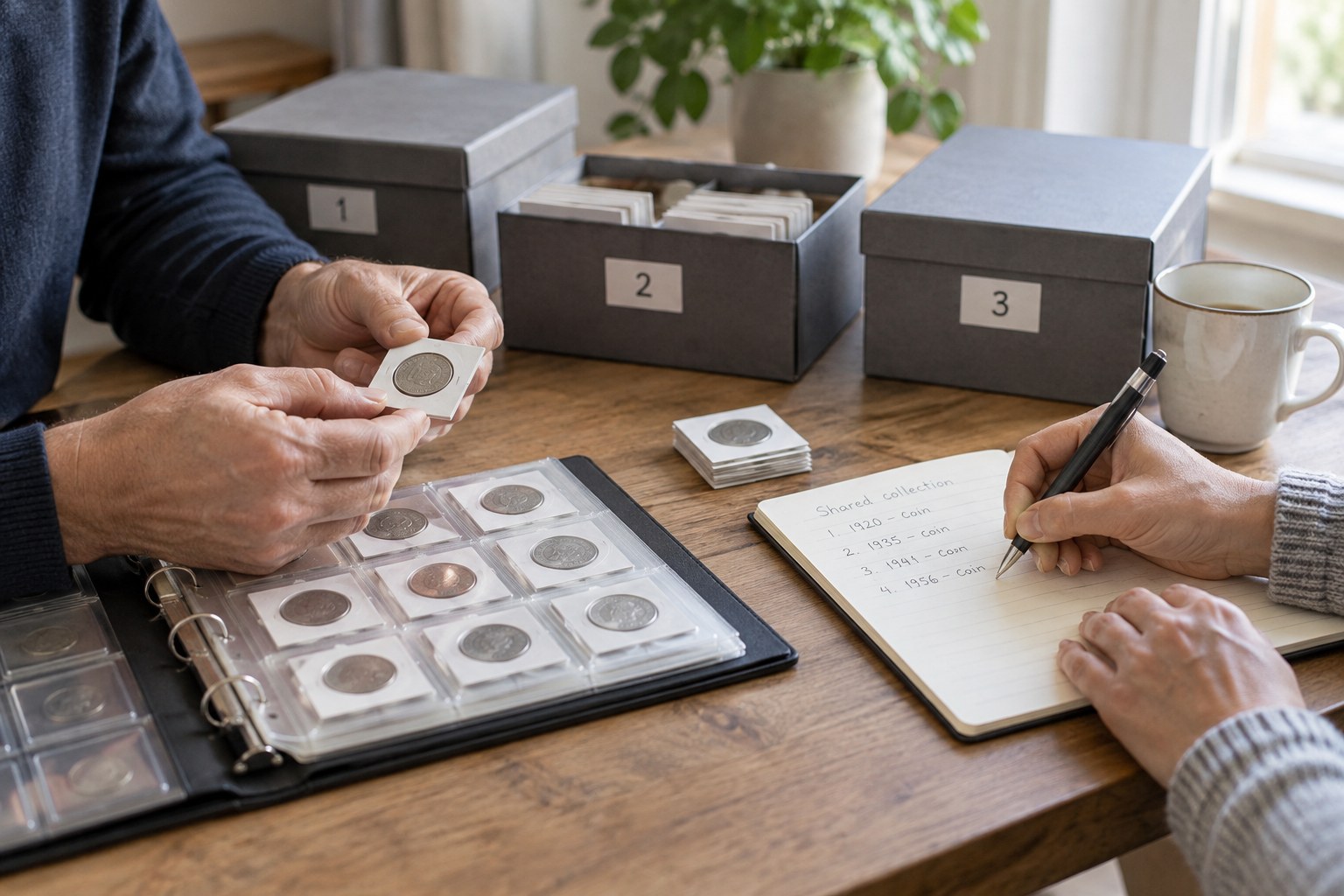 Two people's hands reviewing shared inventory beside numbered collection boxes
