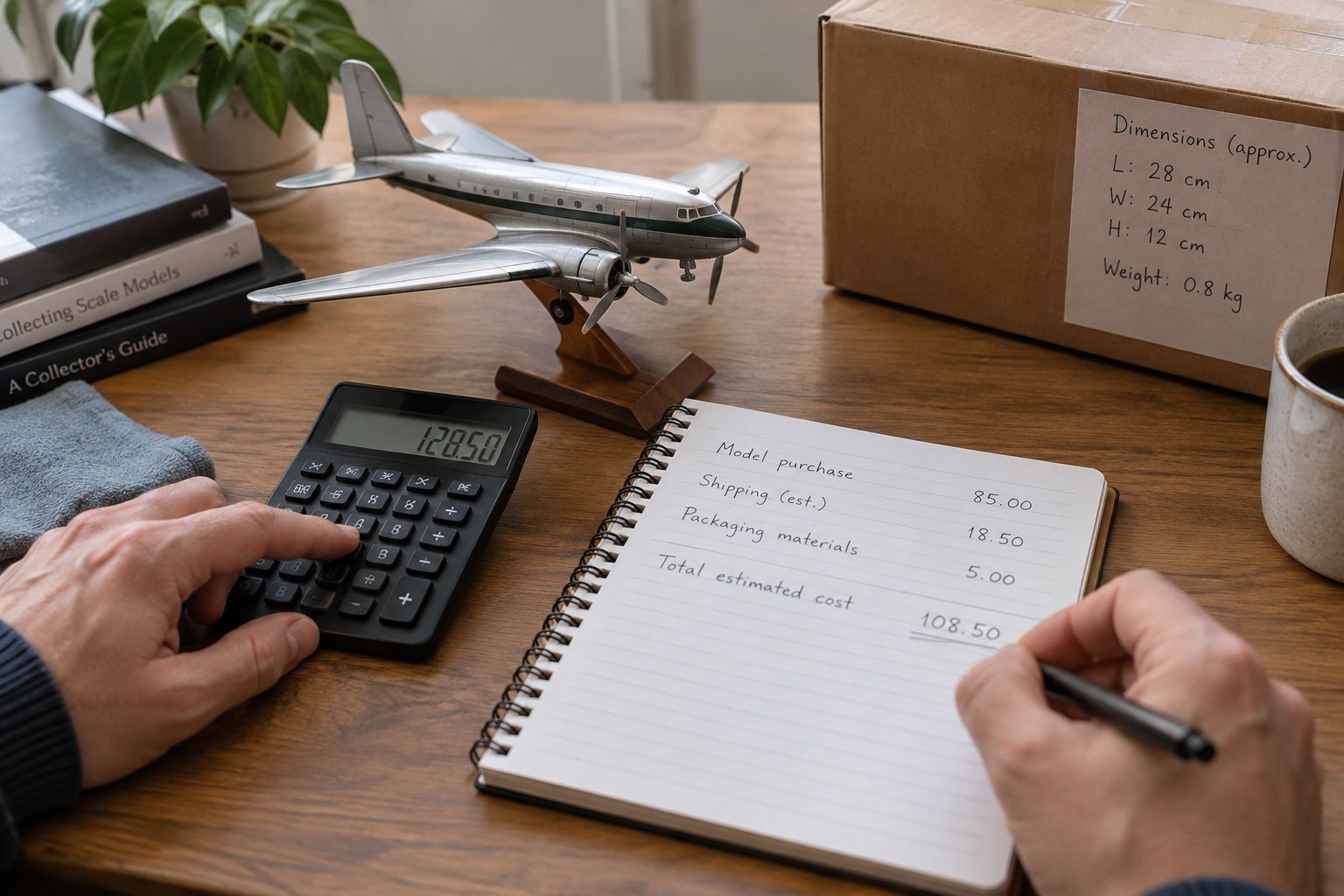 Calculator and shipping-dimensions note beside model and budgeting sheet