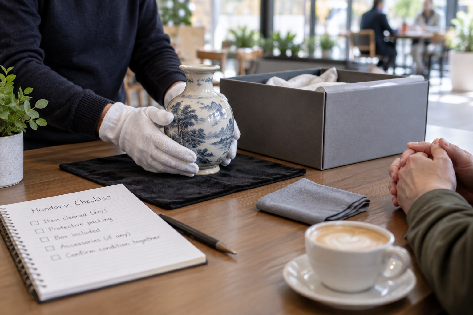 Protected collectible and handover checklist on table in bright public venue