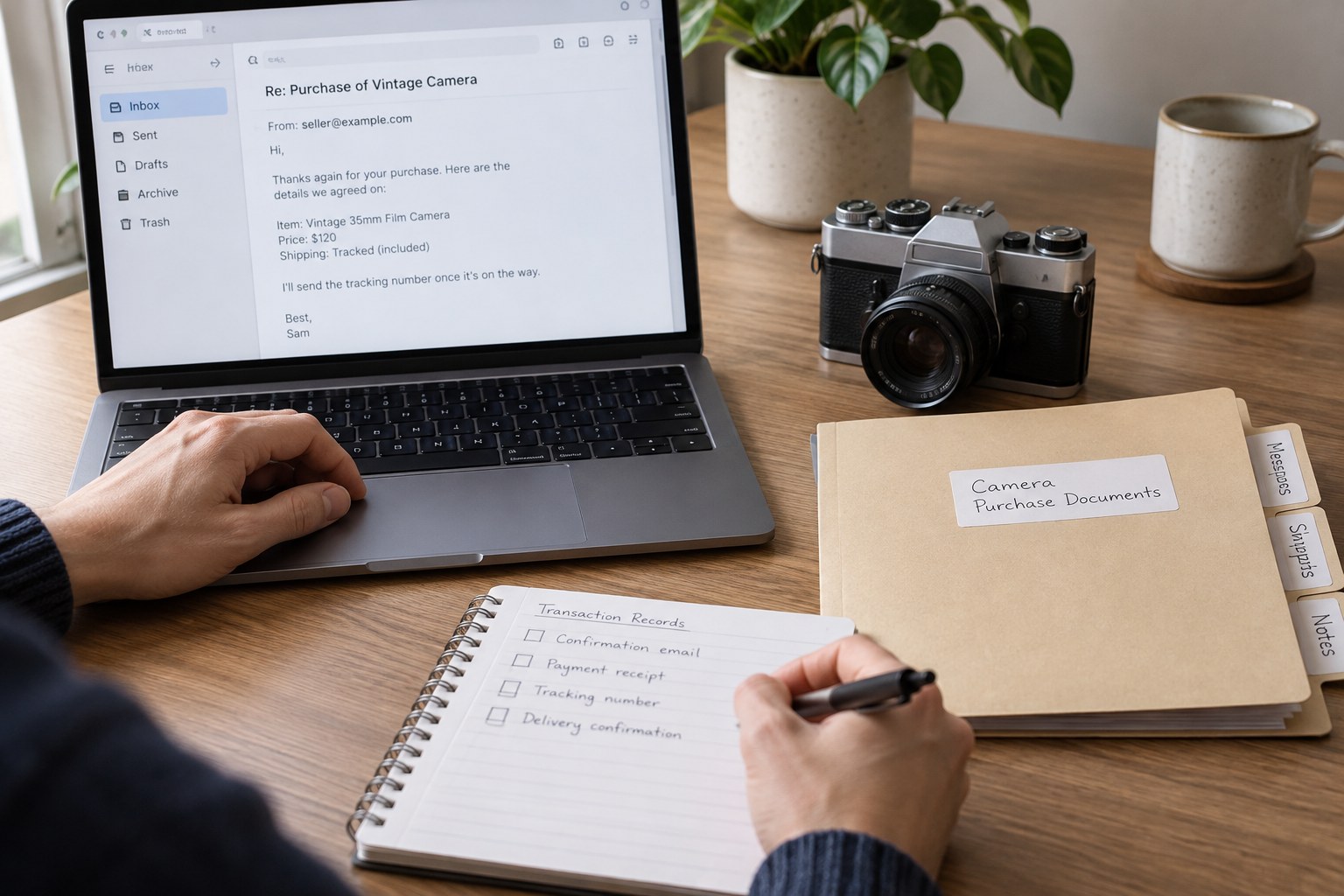Laptop generic transaction correspondence beside collectible and documents folder