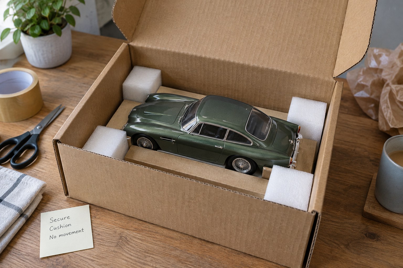 Model car inside a box with cushioning kept clear of its roof