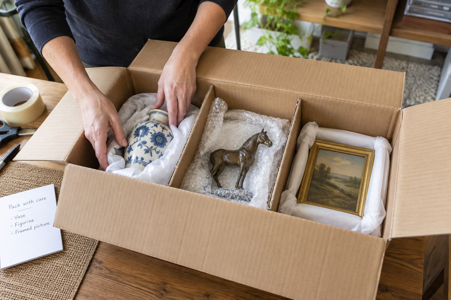 Three collectibles individually wrapped and divided inside large shipping carton