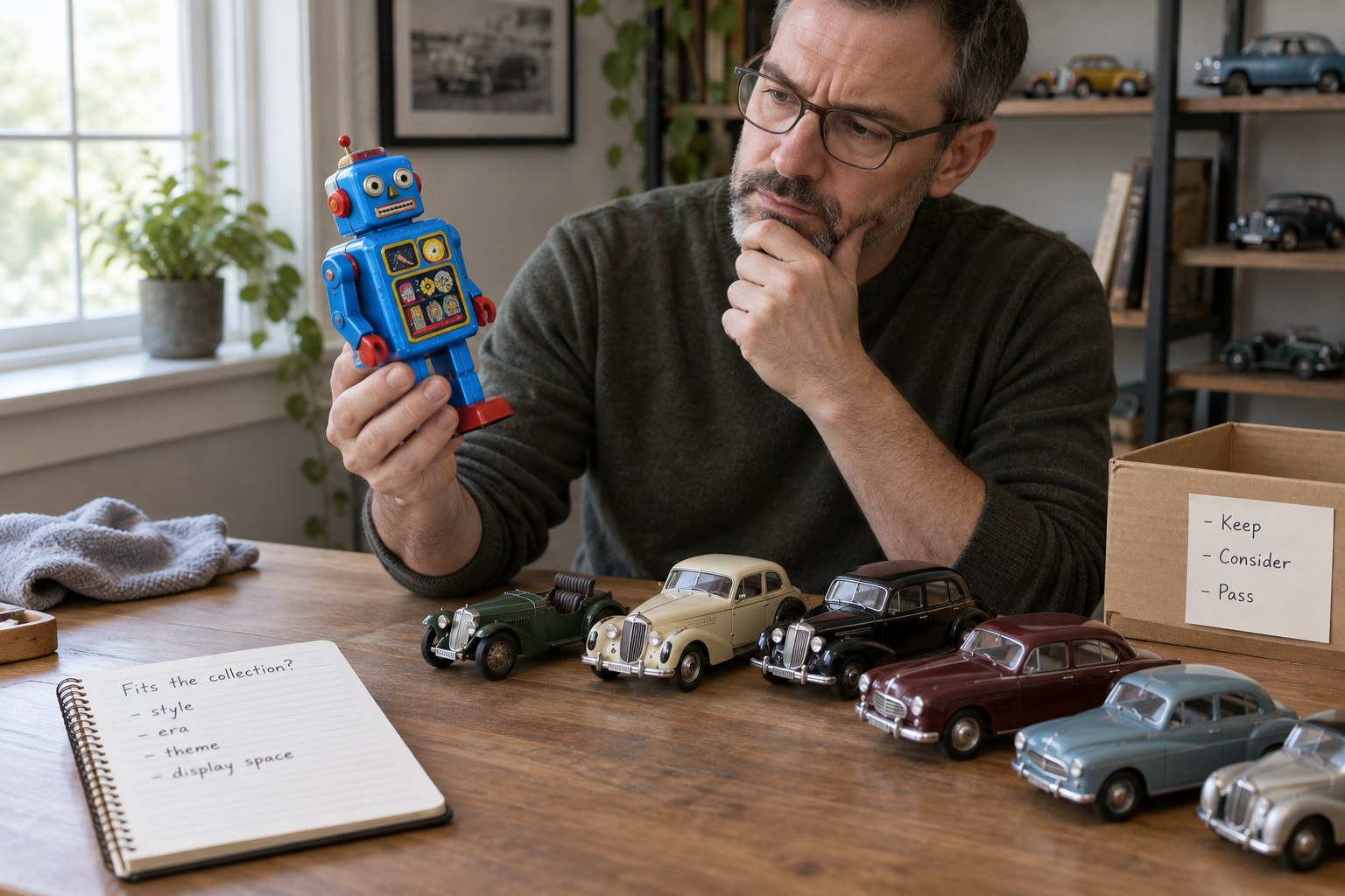 Bright toy robot beside a collection of quiet-toned vintage model cars