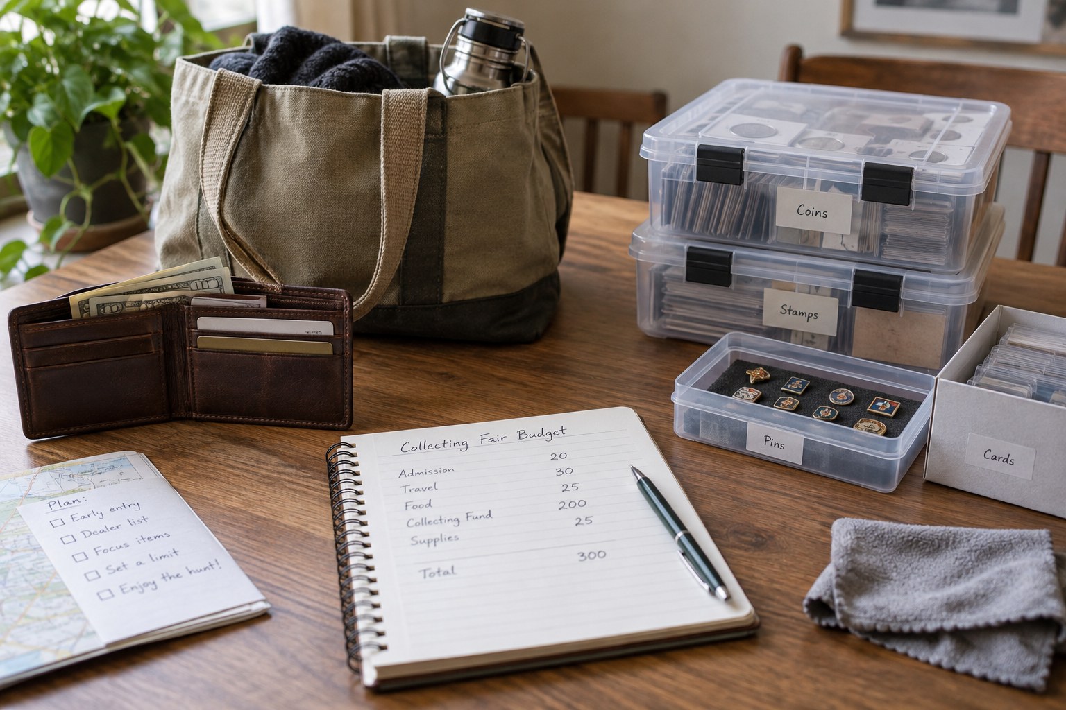 Wallet budget notebook tote bag and protective boxes prepared for collecting fair
