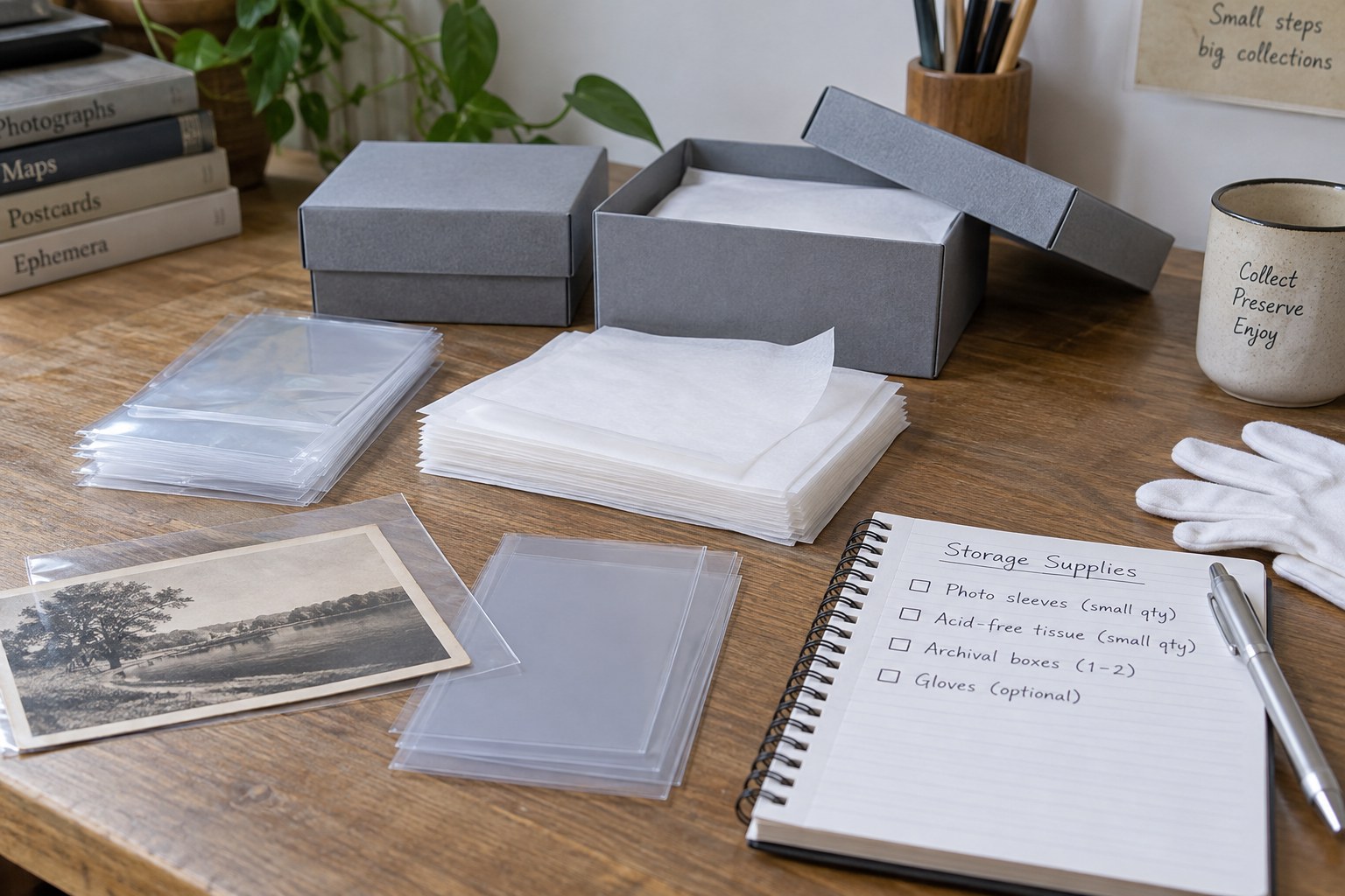 Small quantities of sleeves tissue and archival boxes beside supply shopping list